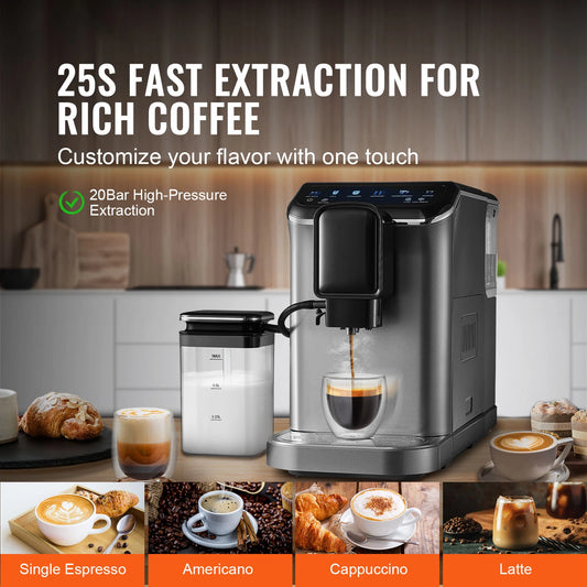 SucceBuy Automatic Espresso Machine Coffee Latte Machine with Color Touch Screen 15 Grinding Levels and Removable Milk Reservoir