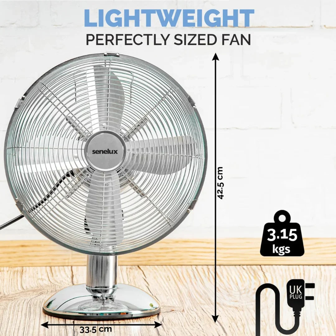 Refurbished - Senelux 12 inch Chrome Desk Fan; Great for Home Cooling and Comfort in Bedrooms, Living Rooms and Offices