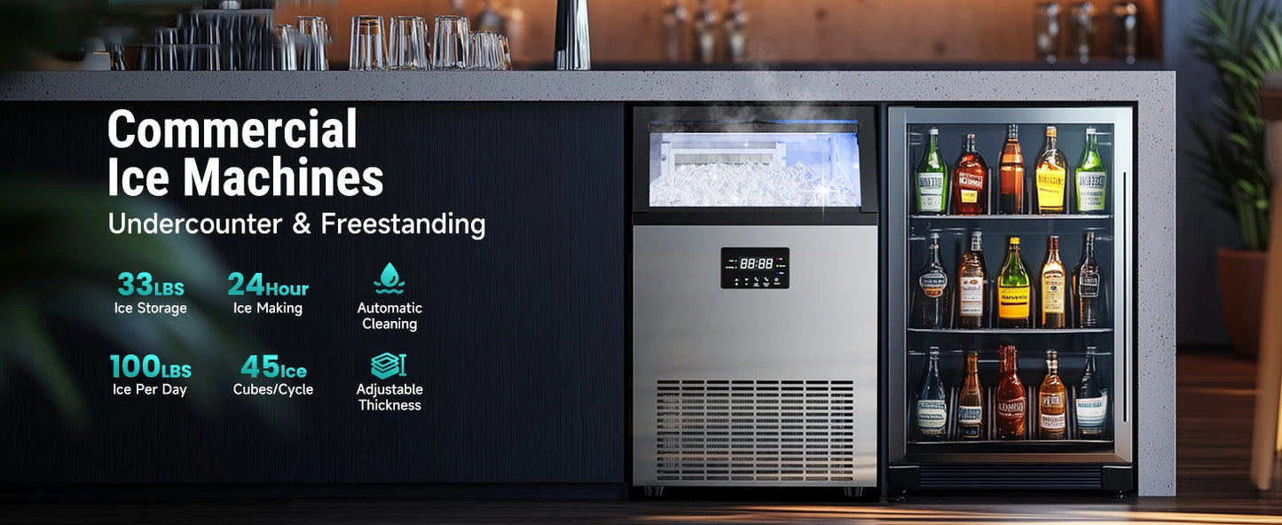 Commercial Ice Maker Machine Stainless Steel Under Counter Ice Maker with 34LBS Ice Bin Freestanding Ice Machine for Home Cafe