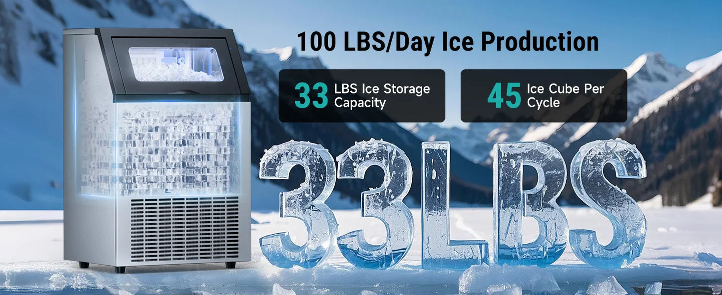 Commercial Ice Maker Machine Stainless Steel Under Counter Ice Maker with 34LBS Ice Bin Freestanding Ice Machine for Home Cafe