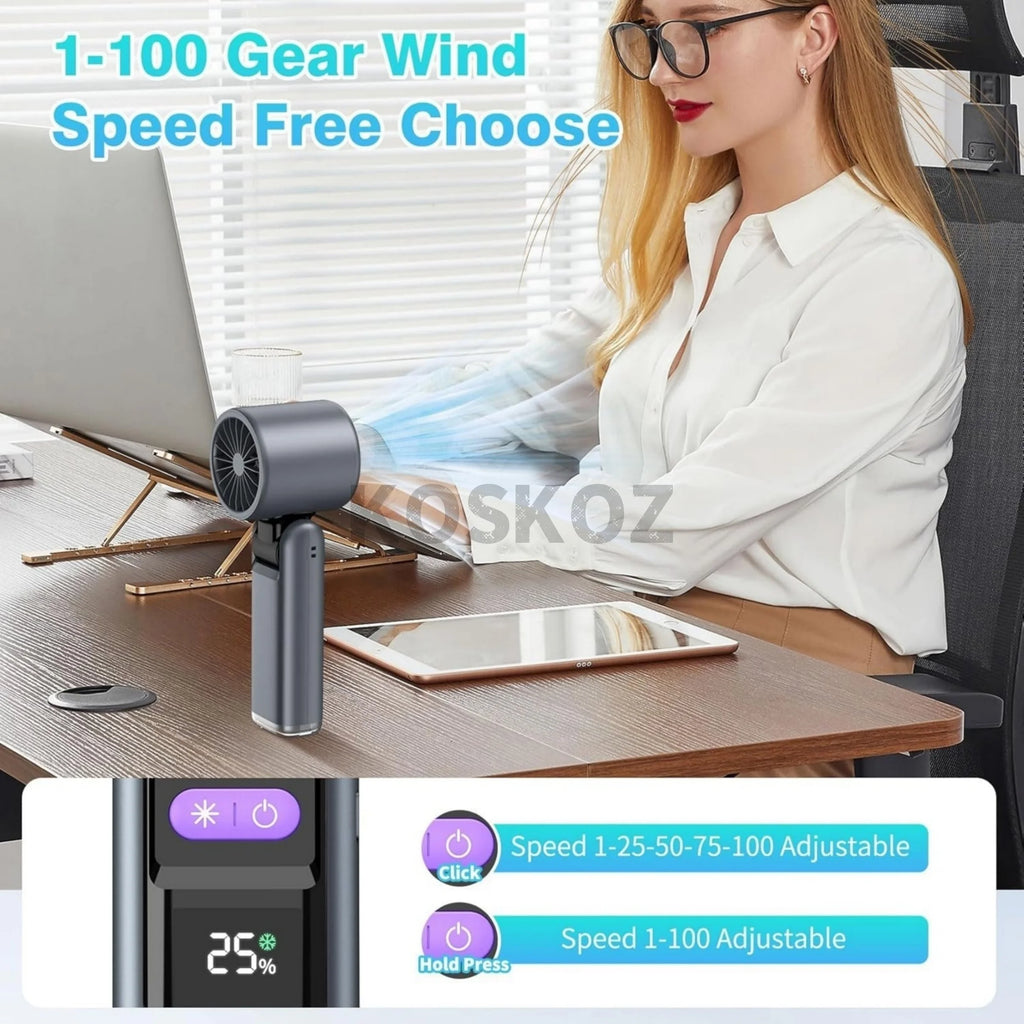 Portable Turbo Hand Fan – 5 Speed, 4000mAh, Flashlight