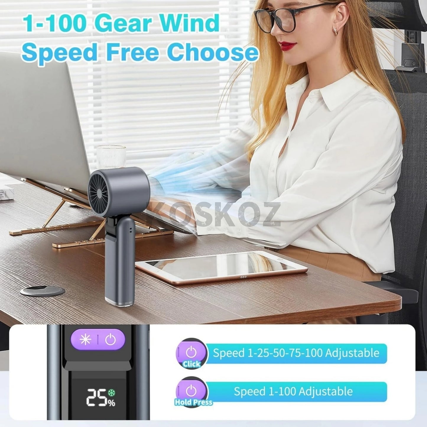 Portable Handheld Turbo Fan - 5 Gear High Speed 4000mAh Rechargeable Mini Personal Hand Fan with Flashlight and Cooling, Travel