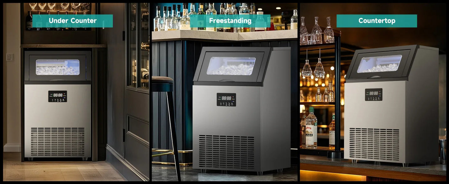 Commercial Ice Maker Machine Stainless Steel Under Counter Ice Maker with 34LBS Ice Bin Freestanding Ice Machine for Home Cafe