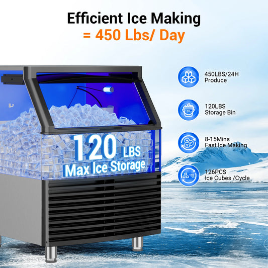 Commercial Ice Maker Machine 450LBS/24H Under Counter Ice Machine Upgrade Compressor 120LBS Storage Bin Freestanding Ice Maker