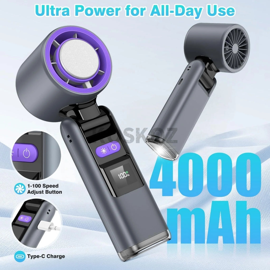 Portable Turbo Hand Fan – 5 Speed, 4000mAh, Flashlight