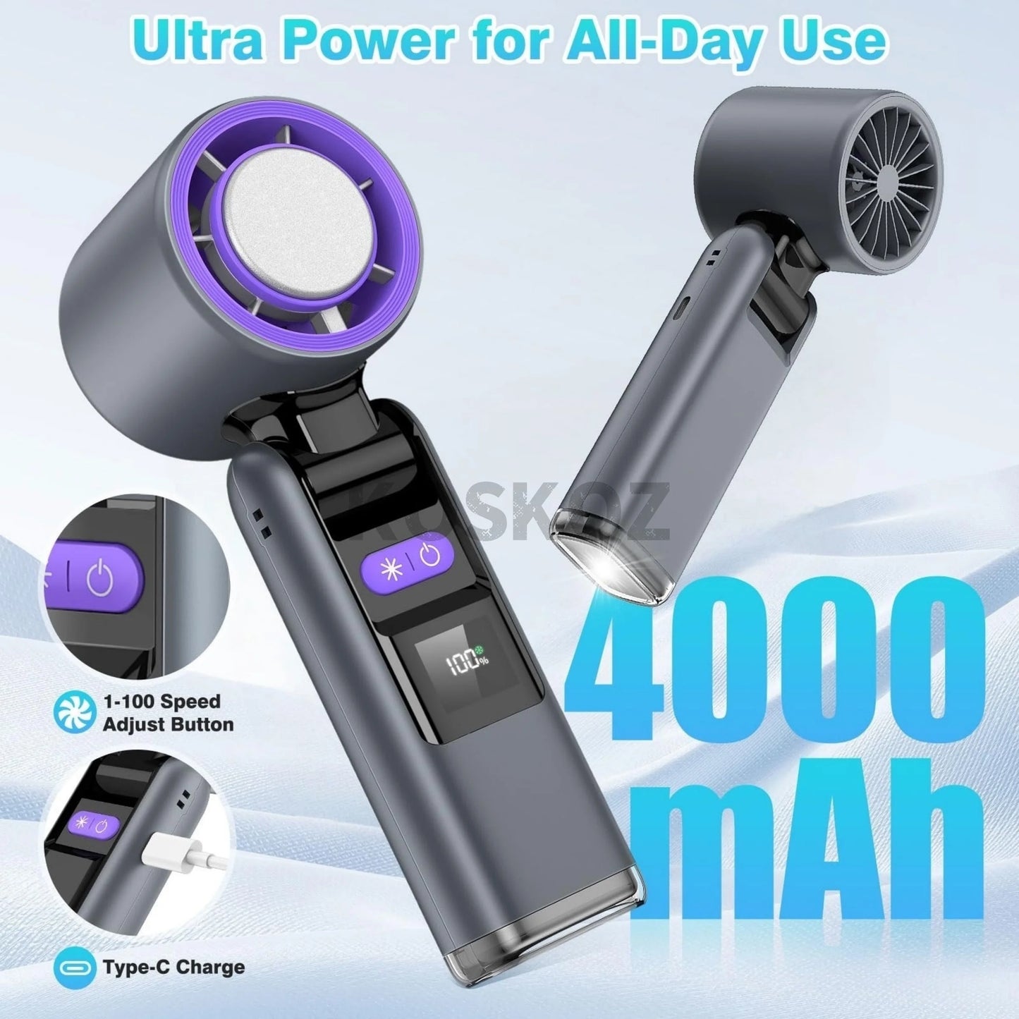 Portable Handheld Turbo Fan - 5 Gear High Speed 4000mAh Rechargeable Mini Personal Hand Fan with Flashlight and Cooling, Travel