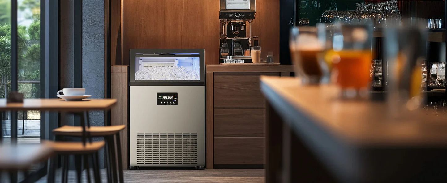 Commercial Ice Maker Machine Stainless Steel Under Counter Ice Maker with 34LBS Ice Bin Freestanding Ice Machine for Home Cafe