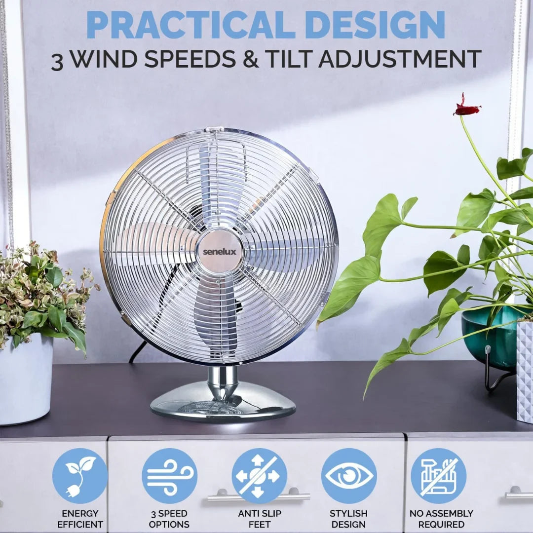 Refurbished - Senelux 12 inch Chrome Desk Fan; Great for Home Cooling and Comfort in Bedrooms, Living Rooms and Offices