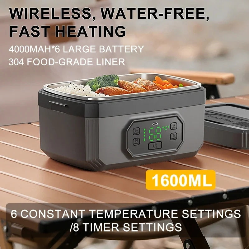 Portable Electric Lunch Box with 1600ML Capacity Rechargeable 6Speed Constant Temperature Outdoor Lunch Box with 304 Inner Liner