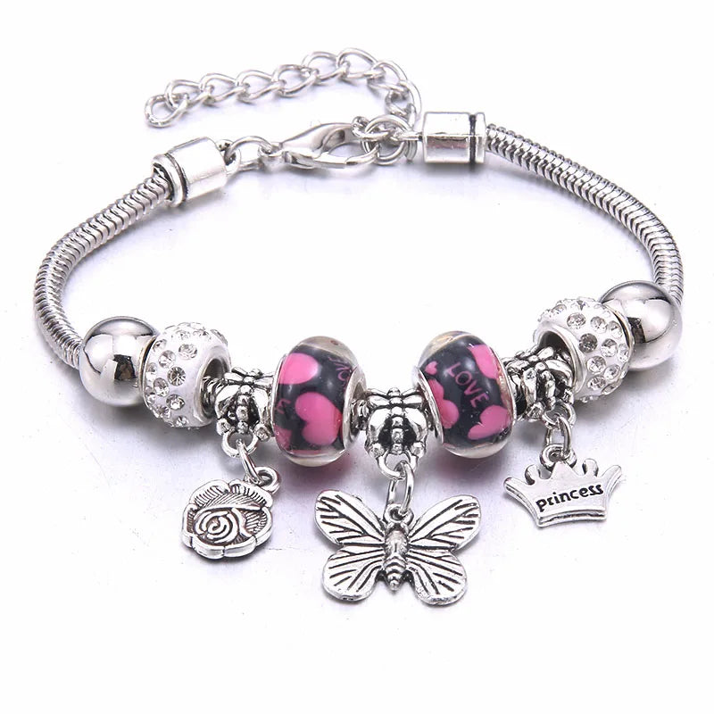 Pink Butterfly Charm Beaded Bangle Bracelet