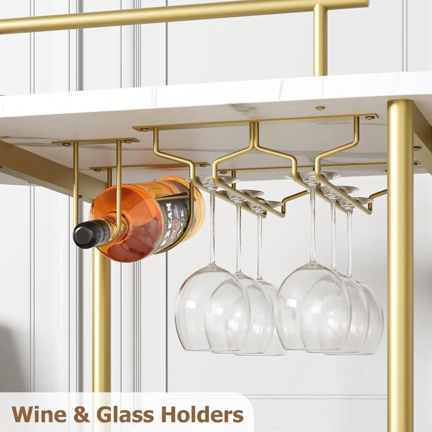 4-Tier Gold Bar Cart with Wine Rack & Glass Holder