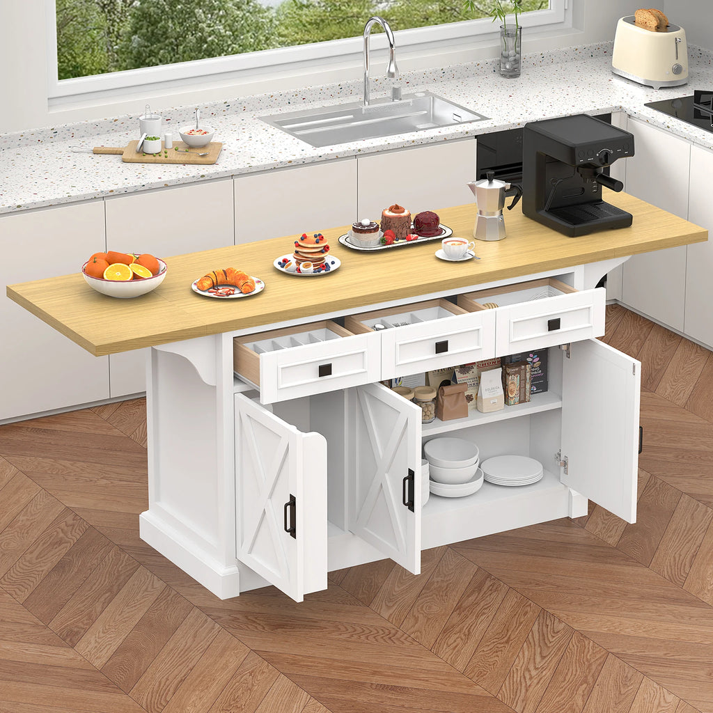 73" Kitchen Island Cart – Storage, Power Outlet & Drop Leaf