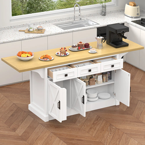 73" Kitchen Island Cart – Storage, Power Outlet & Drop Leaf