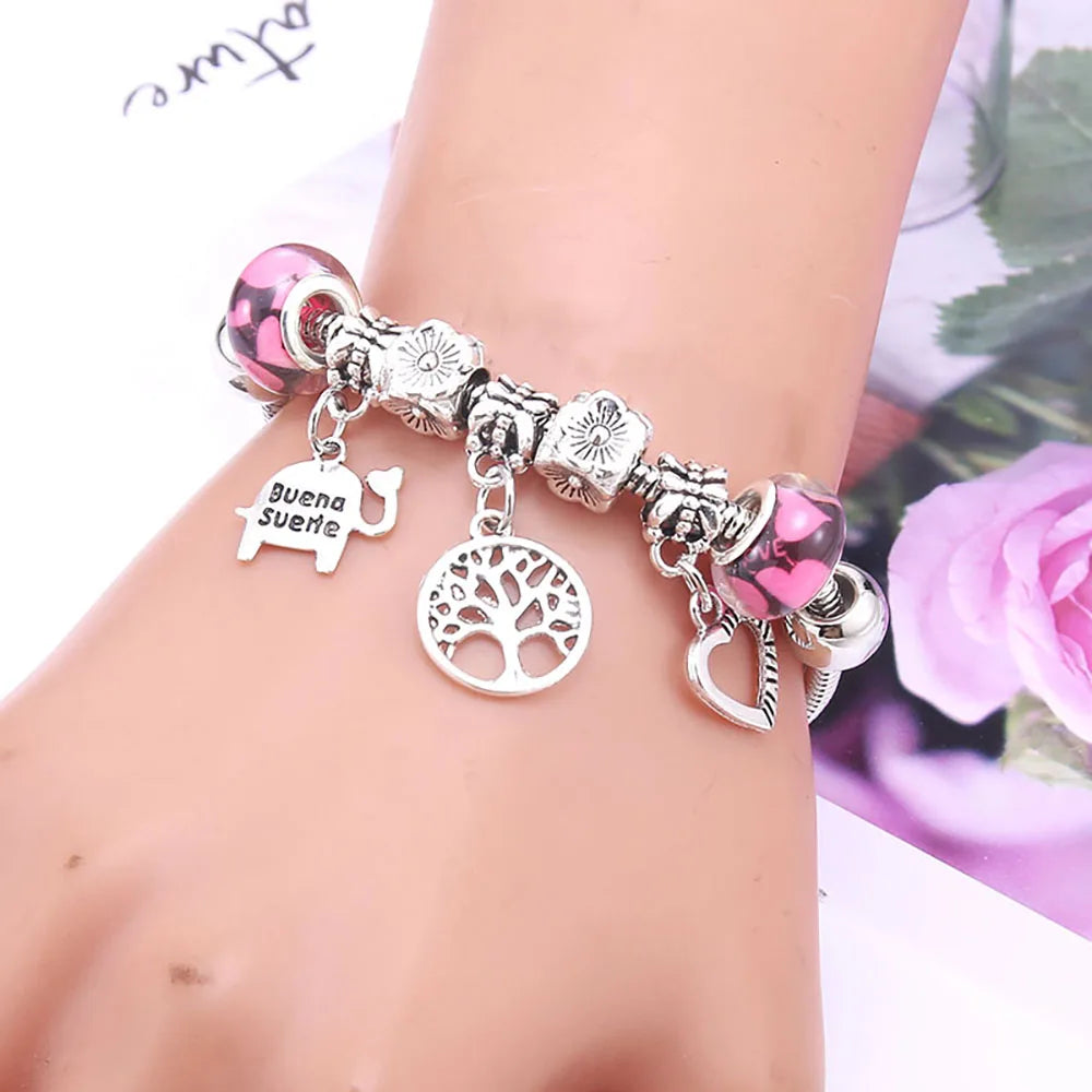 Pink Butterfly Charm Beaded Bangle Bracelet