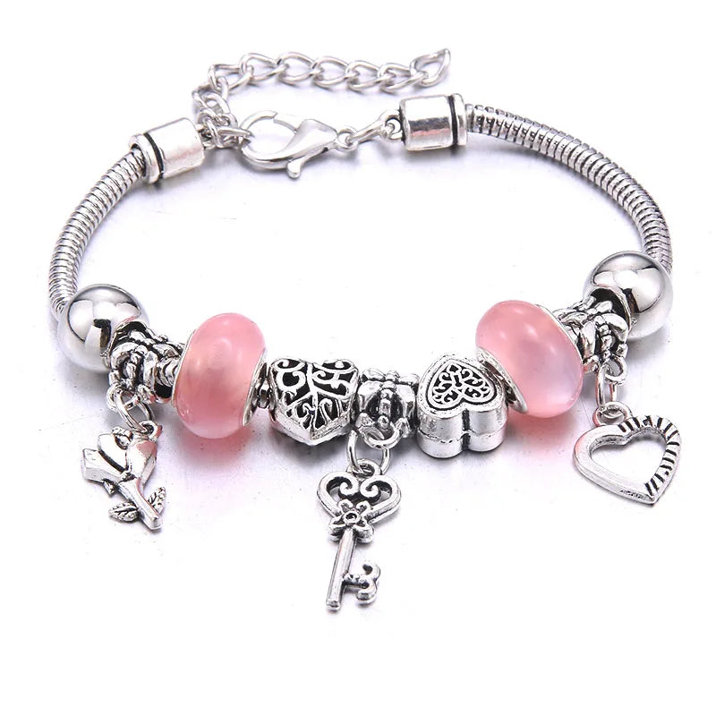 Pink Butterfly Charm Beaded Bangle Bracelet
