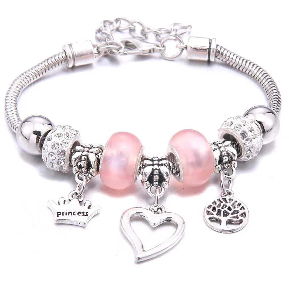 Pink Butterfly Charm Beaded Bangle Bracelet