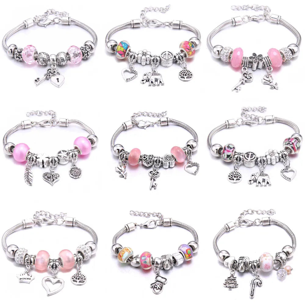 Pink Butterfly Charm Beaded Bangle Bracelet