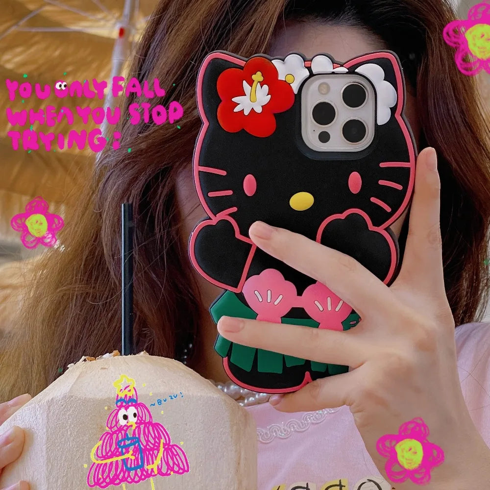 Kawaii Hello Kitty Phone Case For iPhone 17 16 15 14 13 12 11 Pro Max Plus 17 Pro Hawaiian Hula Skirt Kitty Silicone Phone Cover