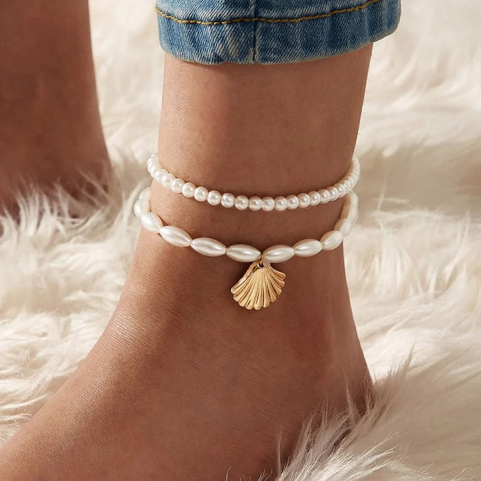 Boho Butterfly & Pearl Anklet Set – 5 Pieces