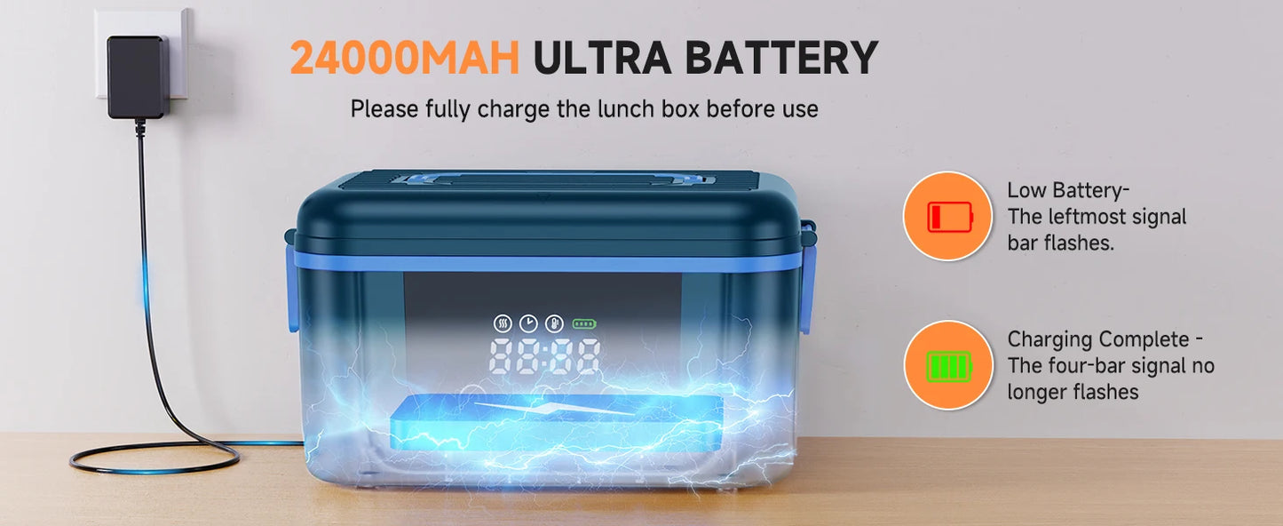 Cordless Electric Lunch Box,1.6L 24000mAh Rechargeable Heated Lunch Box with Ice Crystal Box,24 Hours Self Heating Lunchbox