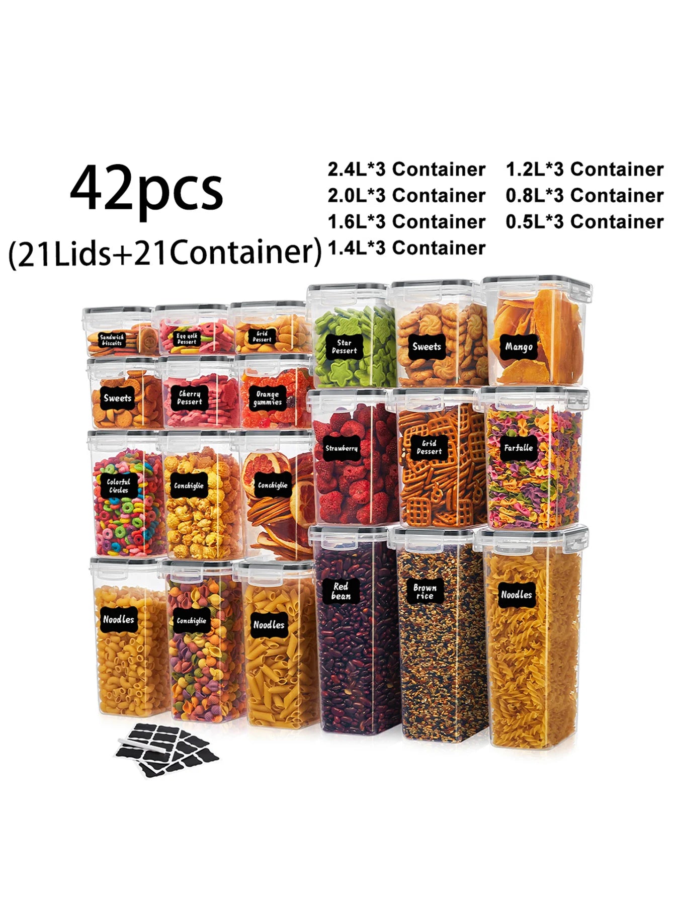 42PCS Kitchen Pantry Storage Containers Set, Airtight Sealed Lids, BPA-Free Plastic Canisters for Cereal, Rice, Flour & Sugar