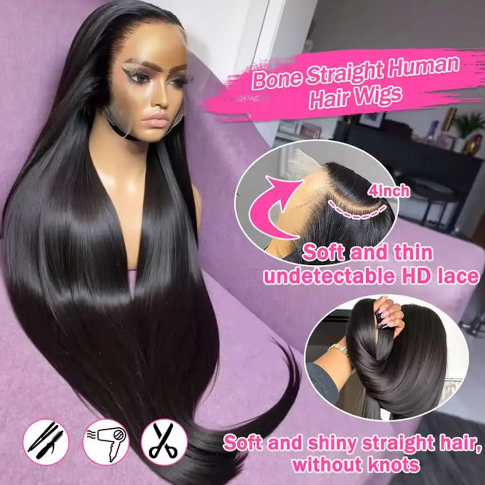 40-42" HD Lace Frontal Human Hair Wig – Glueless, Bone Straight