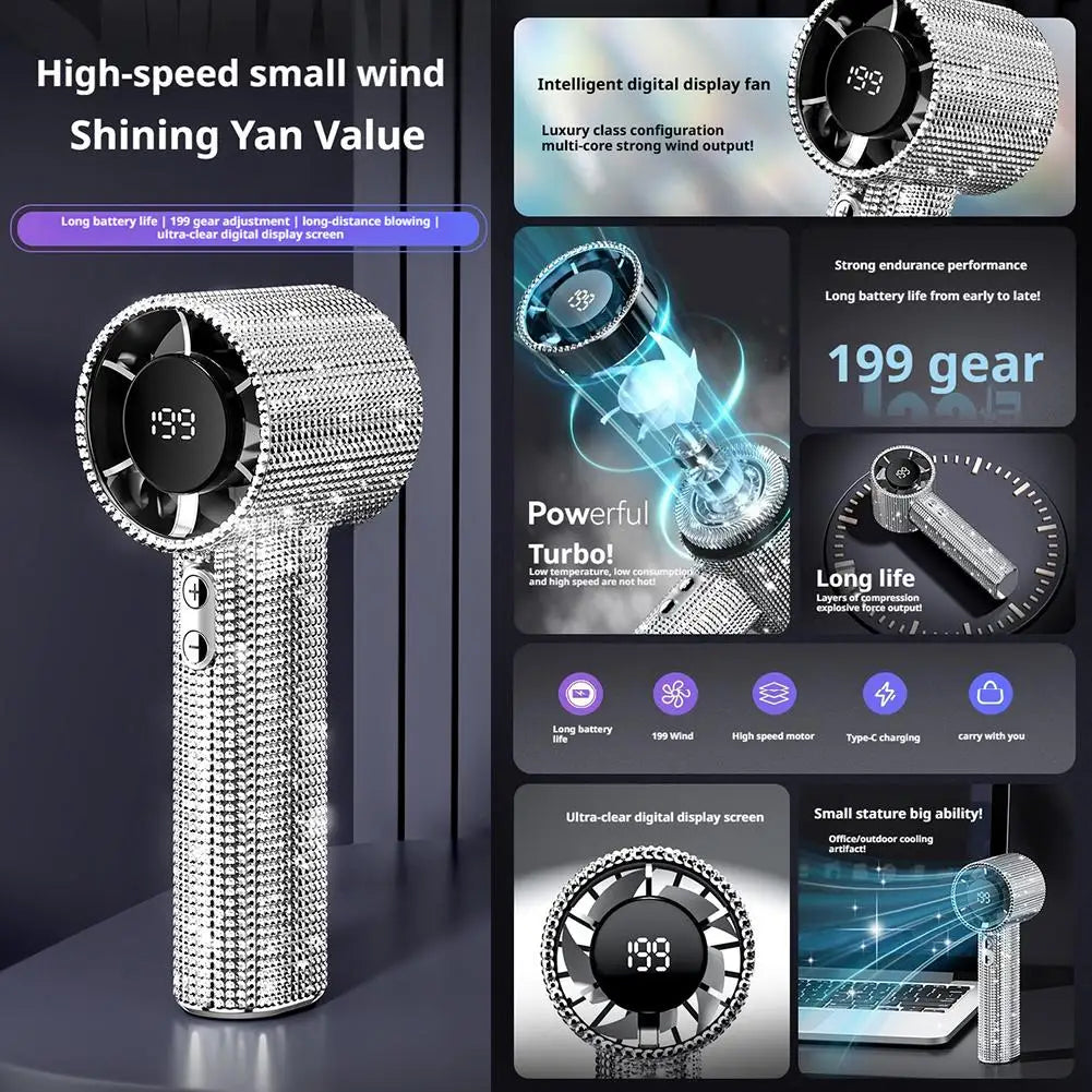 New Diamond Handheld Small Fan 199 gears adjustment Portable Handheld Turbo Fan Luxury Modes Digital Display Electric Fan