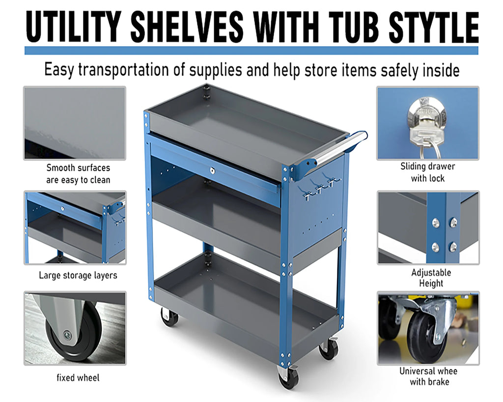 AIRAJ 3-Tier Heavy Duty Rolling Tool Cart with Drawers