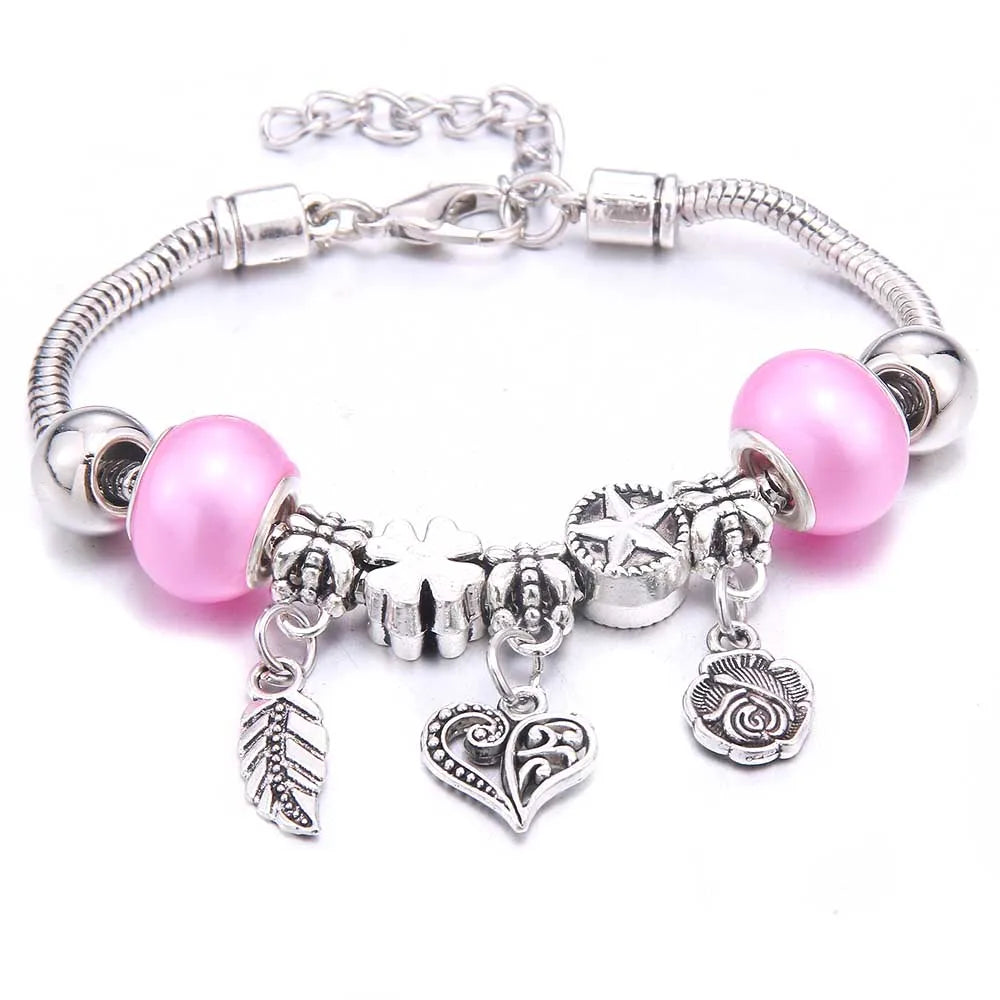 Pink Butterfly Charm Beaded Bangle Bracelet
