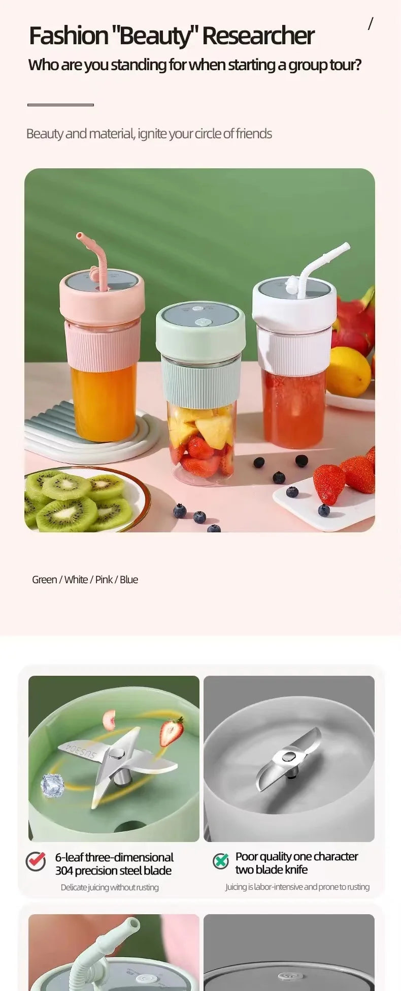 Portable Juicer Usb Rechargeable Wireless Mini Smoothie Blender Mixer Fruit Juice Maker Electric Juicer Machine Glass Cup