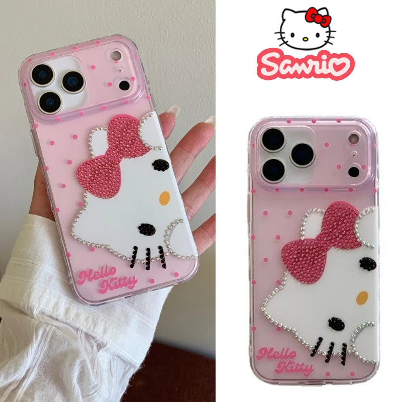 Sanrio HelloKitty Case For iPhone 17 16 15 14 Pro Max Air Cartoon Transparent Diamond Shockproof Silicone Protective Cover Gift
