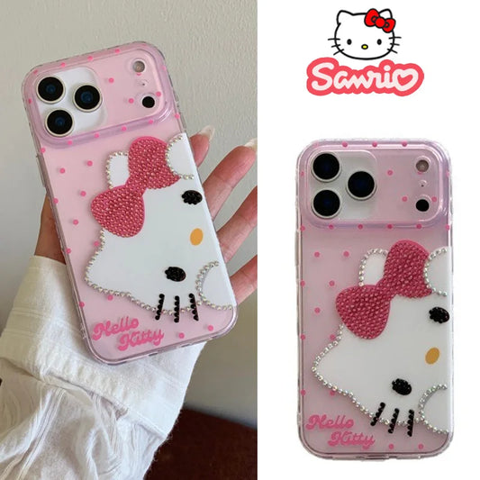 Sanrio HelloKitty Case For iPhone 17 16 15 14 Pro Max Air Cartoon Transparent Diamond Shockproof Silicone Protective Cover Gift