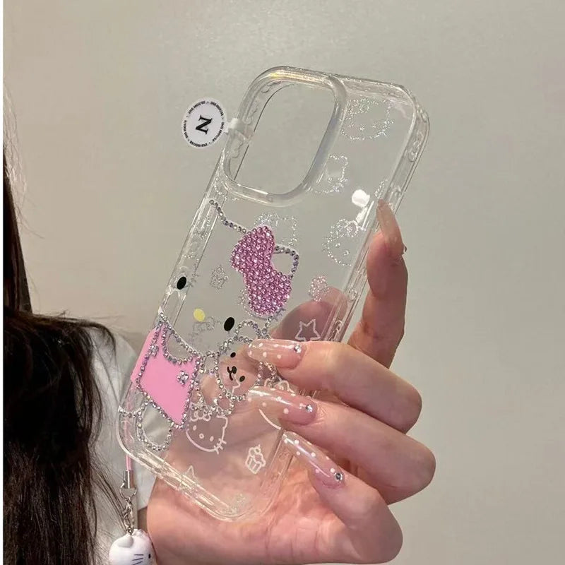 Sanrio HelloKitty Case For iPhone 17 16 15 14 Pro Max Air Cartoon Transparent Diamond Shockproof Silicone Protective Cover Gift