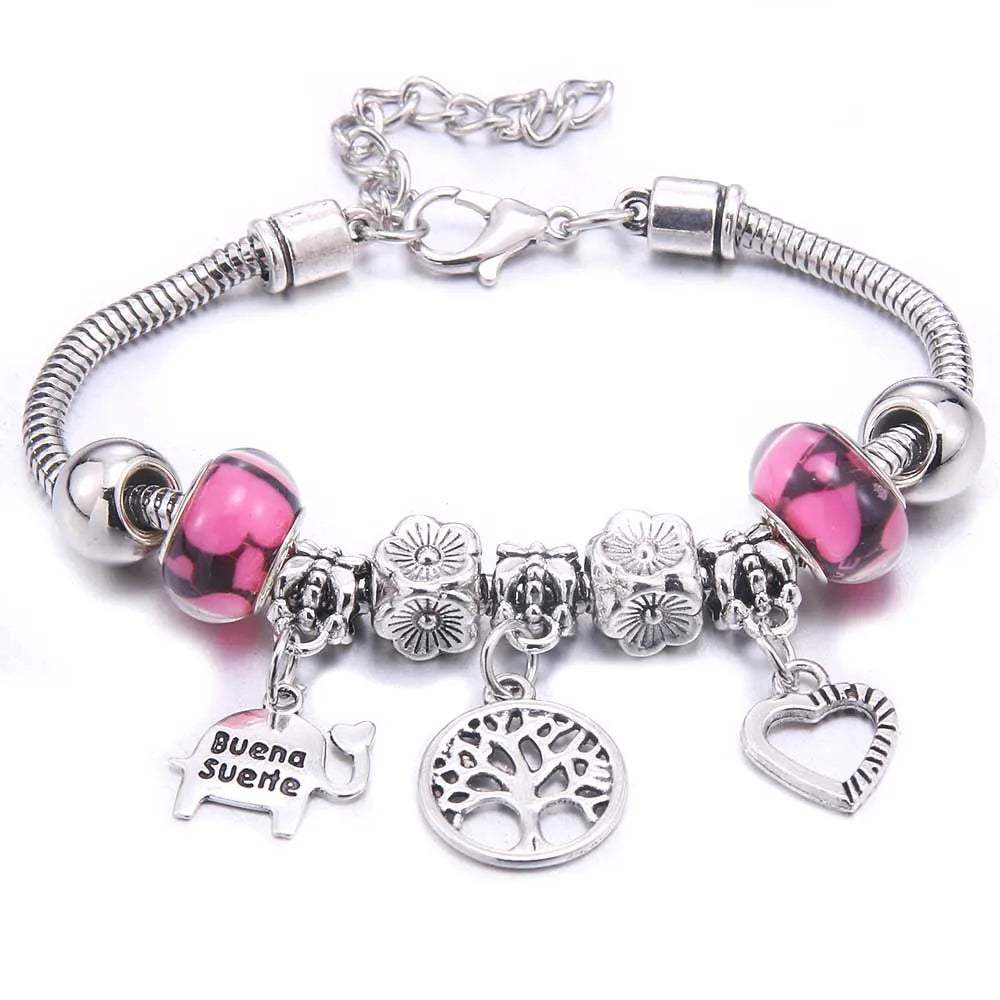 Pink Butterfly Charm Beaded Bangle Bracelet