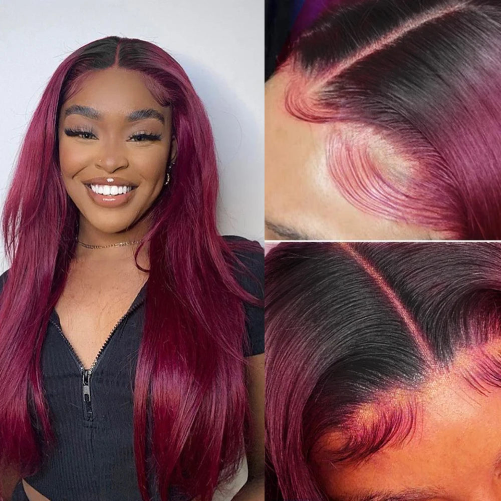 T99J Burgundy Straight Glueless Wig Human Hair 5x5 Hd Lace Closure Wigs Ready To Wear And Go PrePlucked For Women Pre cut
