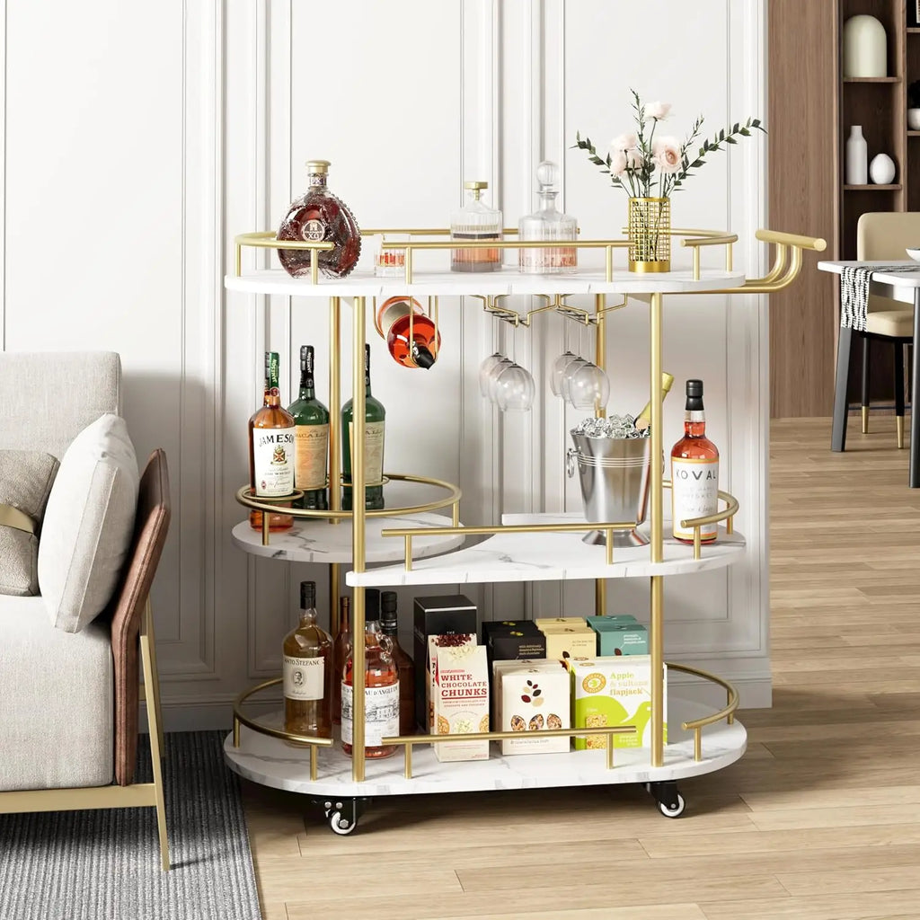 4-Tier Gold Bar Cart with Wine Rack & Glass Holder