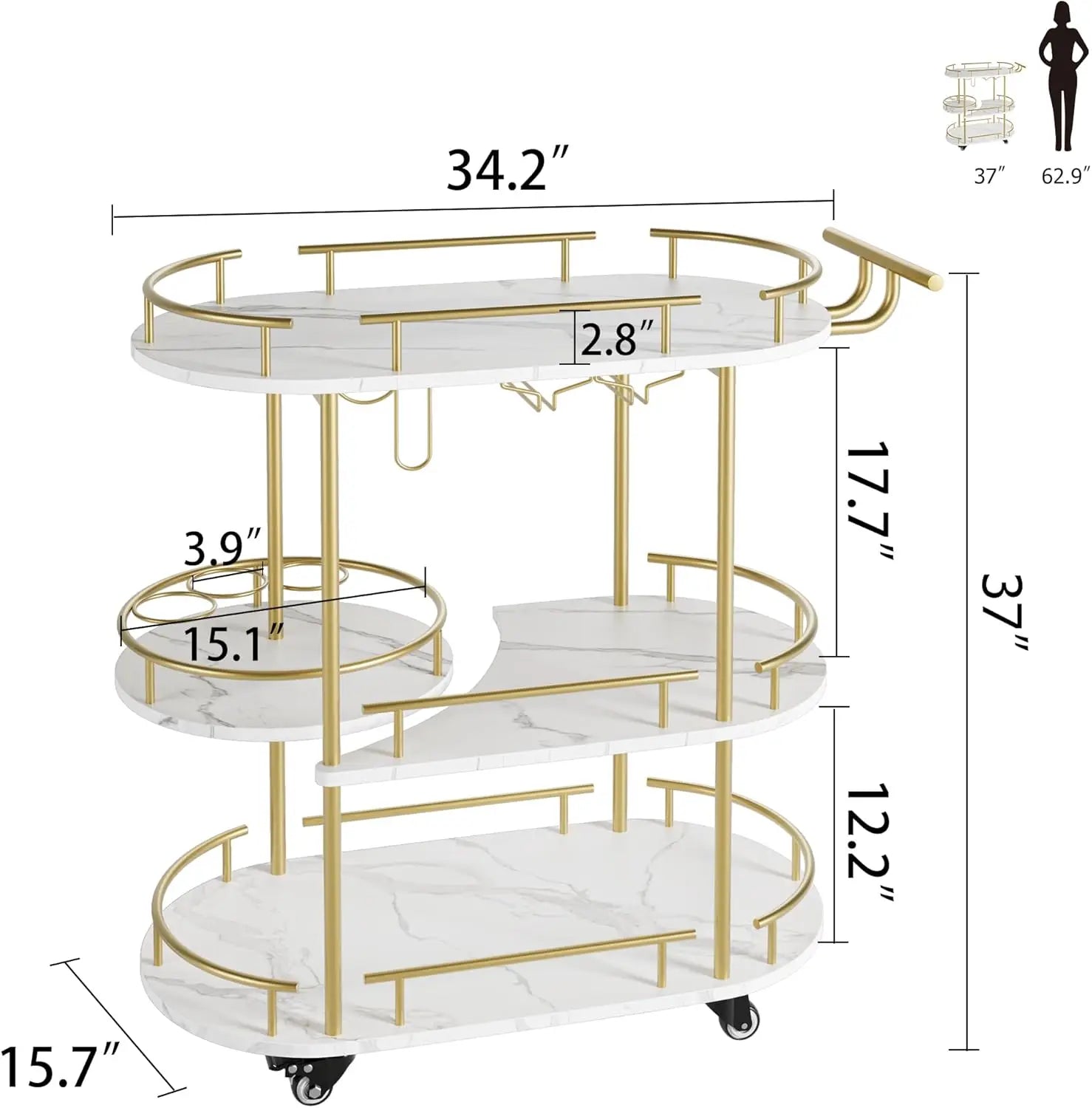 4-Tier Gold Bar Cart with Wine Rack & Glass Holder
