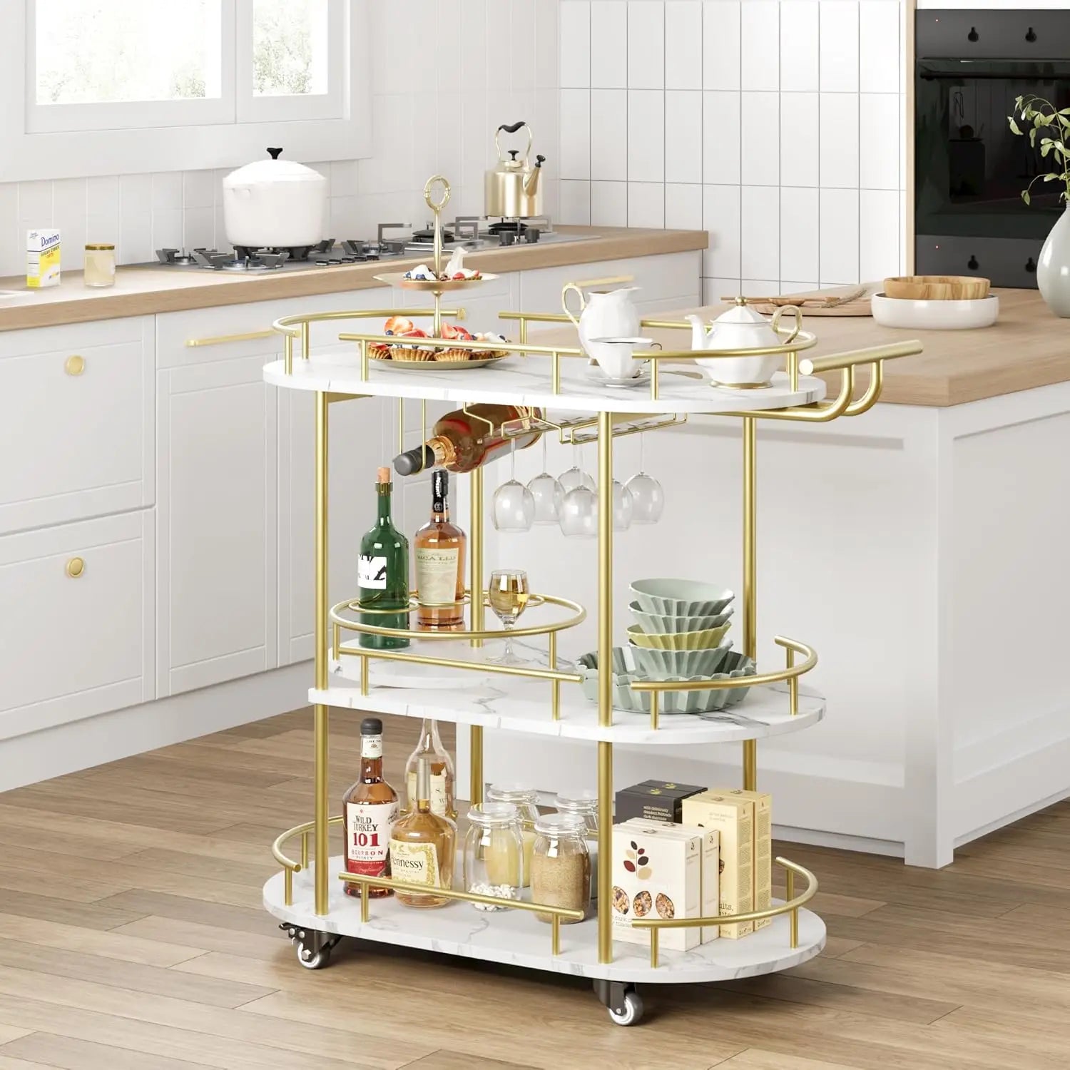 4-Tier Gold Bar Cart with Wine Rack & Glass Holder