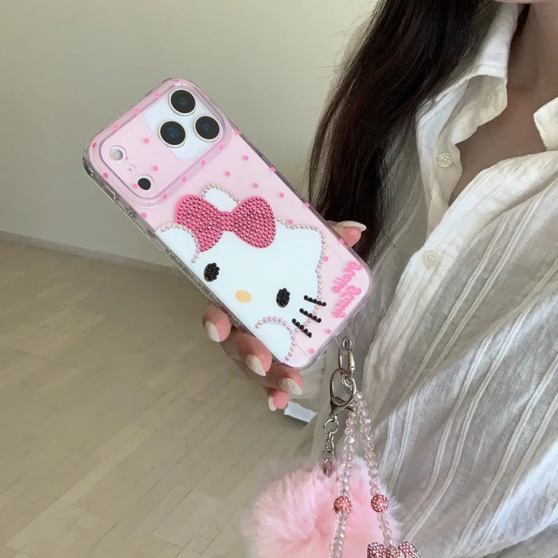 Sanrio HelloKitty Case For iPhone 17 16 15 14 Pro Max Air Cartoon Transparent Diamond Shockproof Silicone Protective Cover Gift