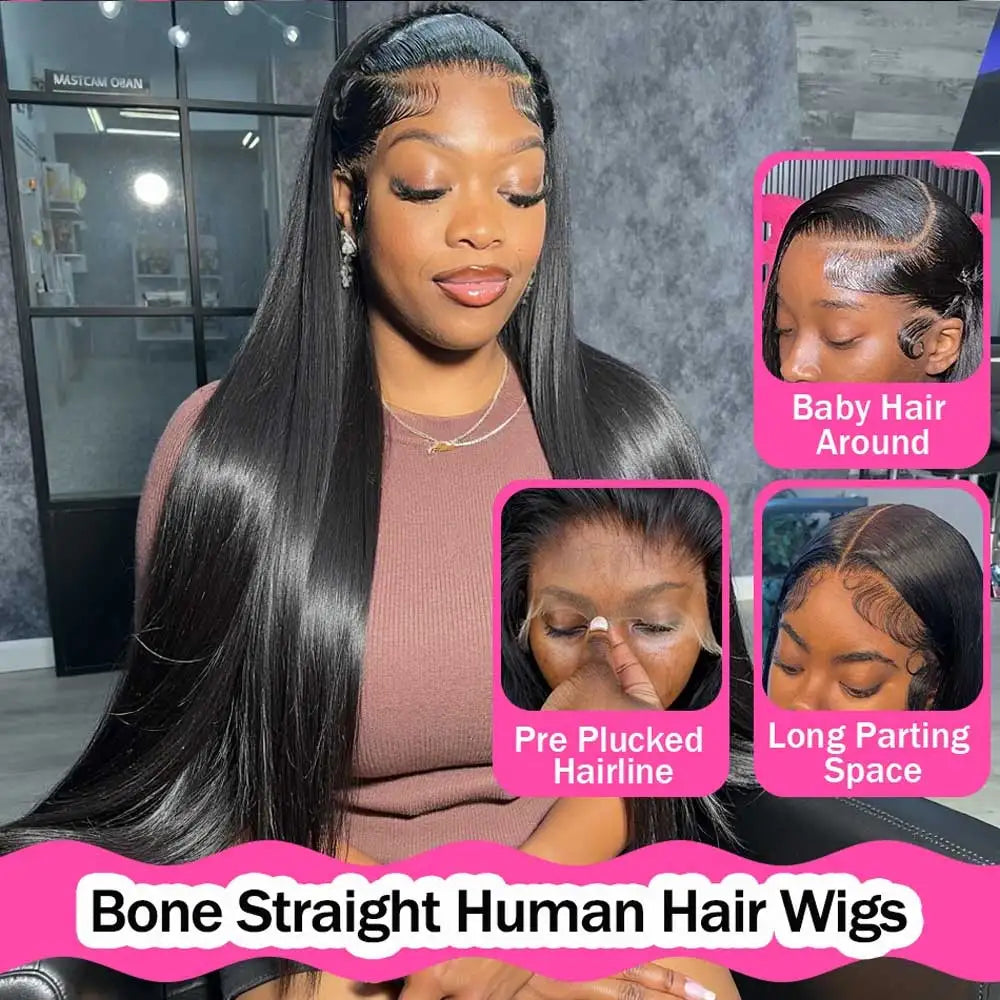 40-42" HD Lace Frontal Human Hair Wig – Glueless, Bone Straight