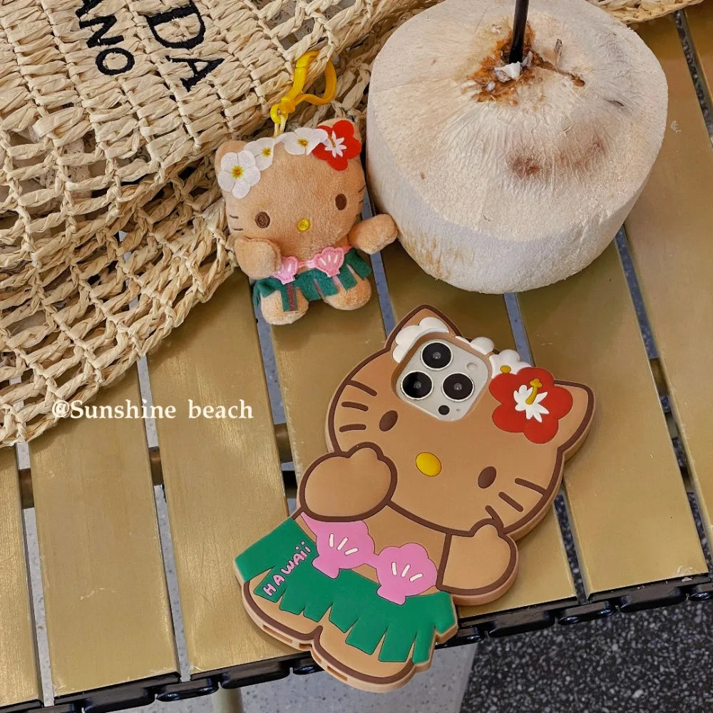 Kawaii Hello Kitty Phone Case For iPhone 17 16 15 14 13 12 11 Pro Max Plus 17 Pro Hawaiian Hula Skirt Kitty Silicone Phone Cover