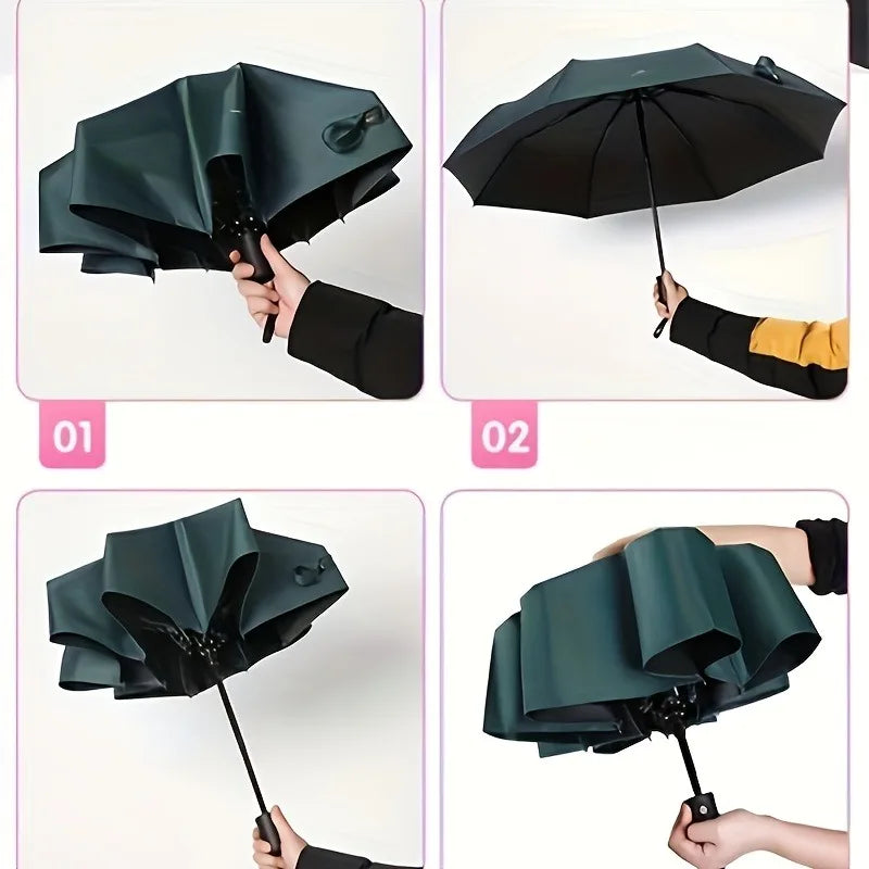 8-Rib Automatic High Quality Umbrella - One-Touch Open/Close, Compact Foldable Design for Men & Women, Navy & Black, Business &