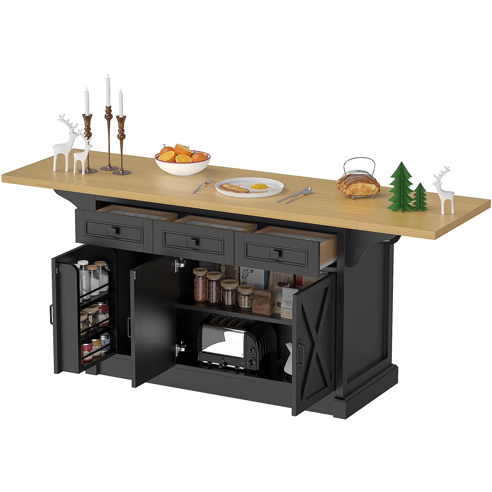 73" Kitchen Island Cart – Storage, Power Outlet & Drop Leaf