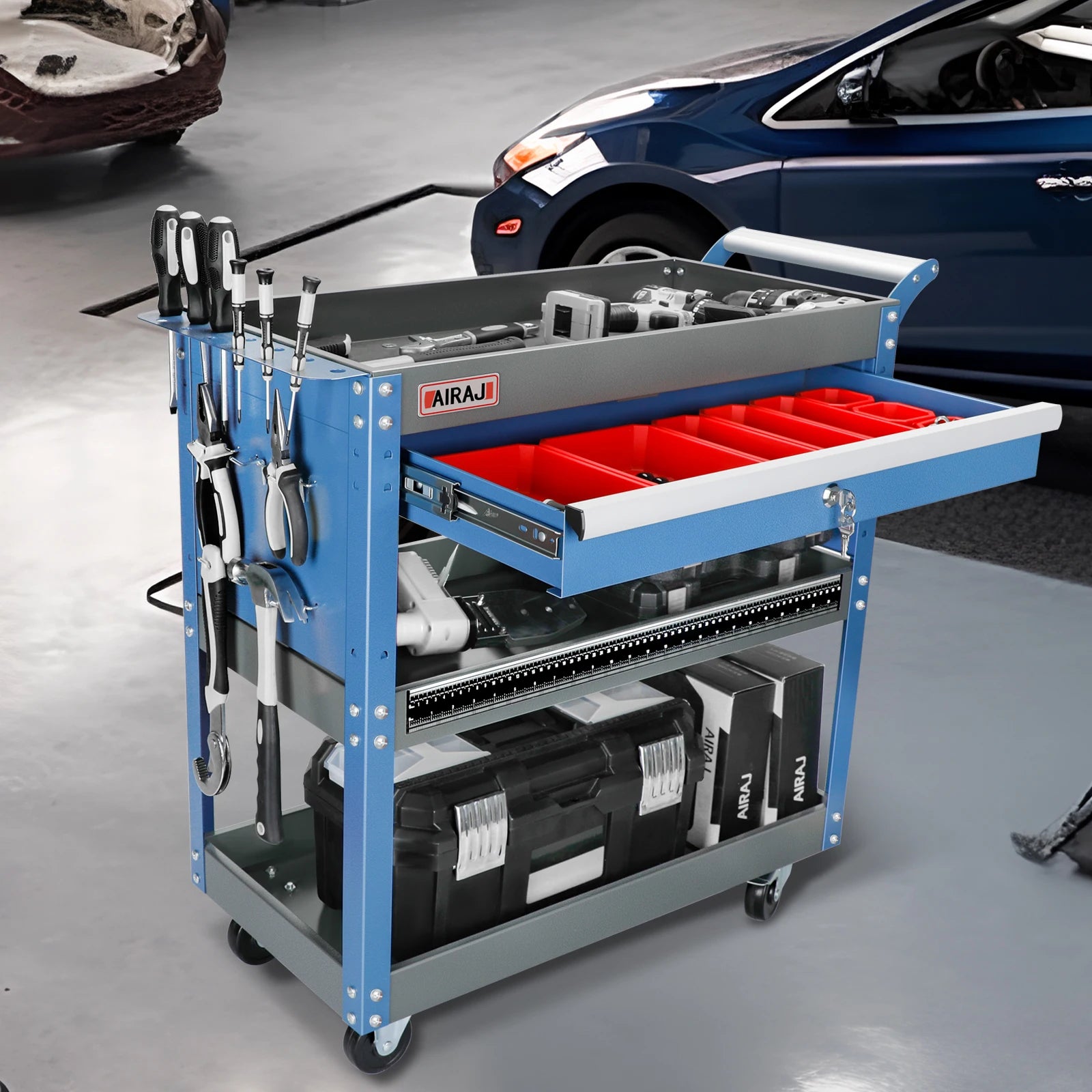 AIRAJ 3-Tier Heavy Duty Rolling Tool Cart with Drawers
