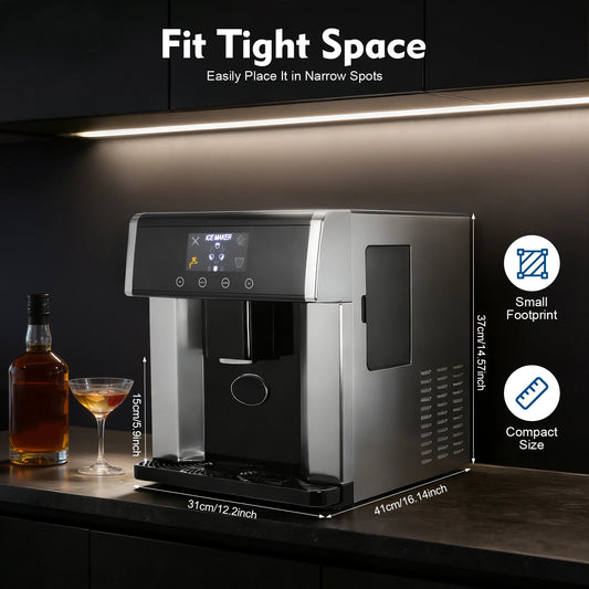 Countertop Ice Maker 15kg 24H 110V 2-in-1 Ice Machine 6-12 Mins Fast Ice Making Self-cleaning Electric Ice Dispenser Touch Control Large Storage Auto Shut-off for Home Office Cafe Party Kitchen Bar