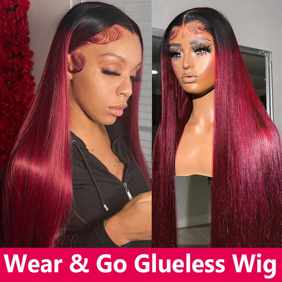 T99J Burgundy Straight Glueless Wig Human Hair 5x5 Hd Lace Closure Wigs Ready To Wear And Go PrePlucked For Women Pre cut