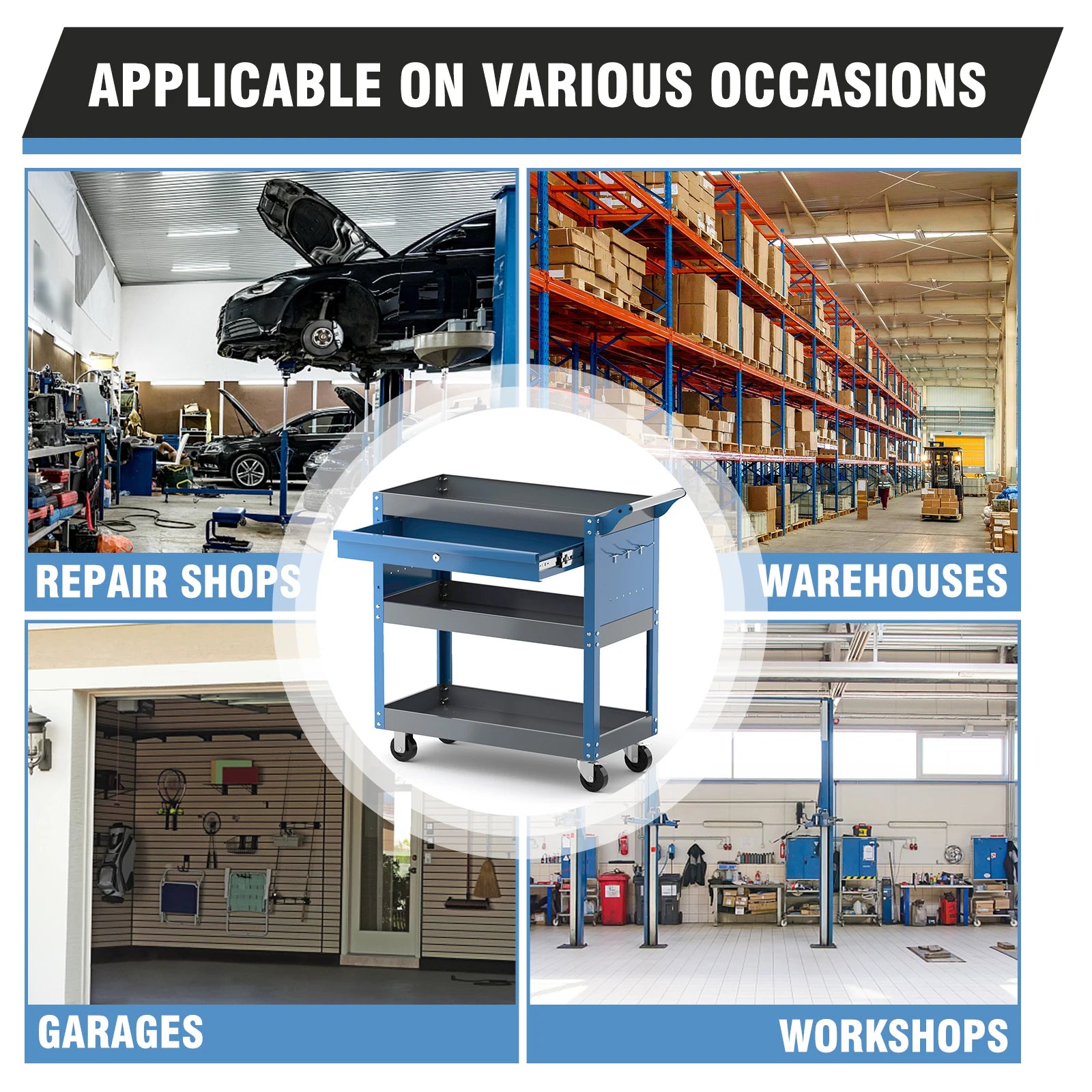 AIRAJ 3-Tier Heavy Duty Rolling Tool Cart with Drawers