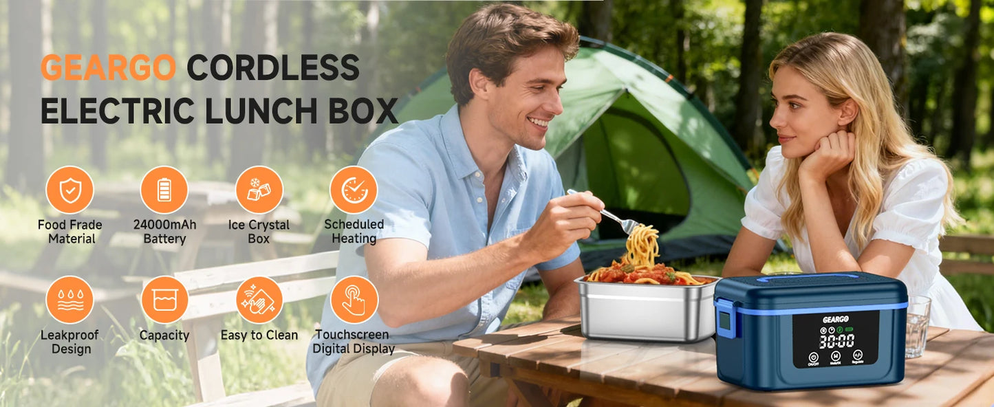 Cordless Electric Lunch Box,1.6L 24000mAh Rechargeable Heated Lunch Box with Ice Crystal Box,24 Hours Self Heating Lunchbox