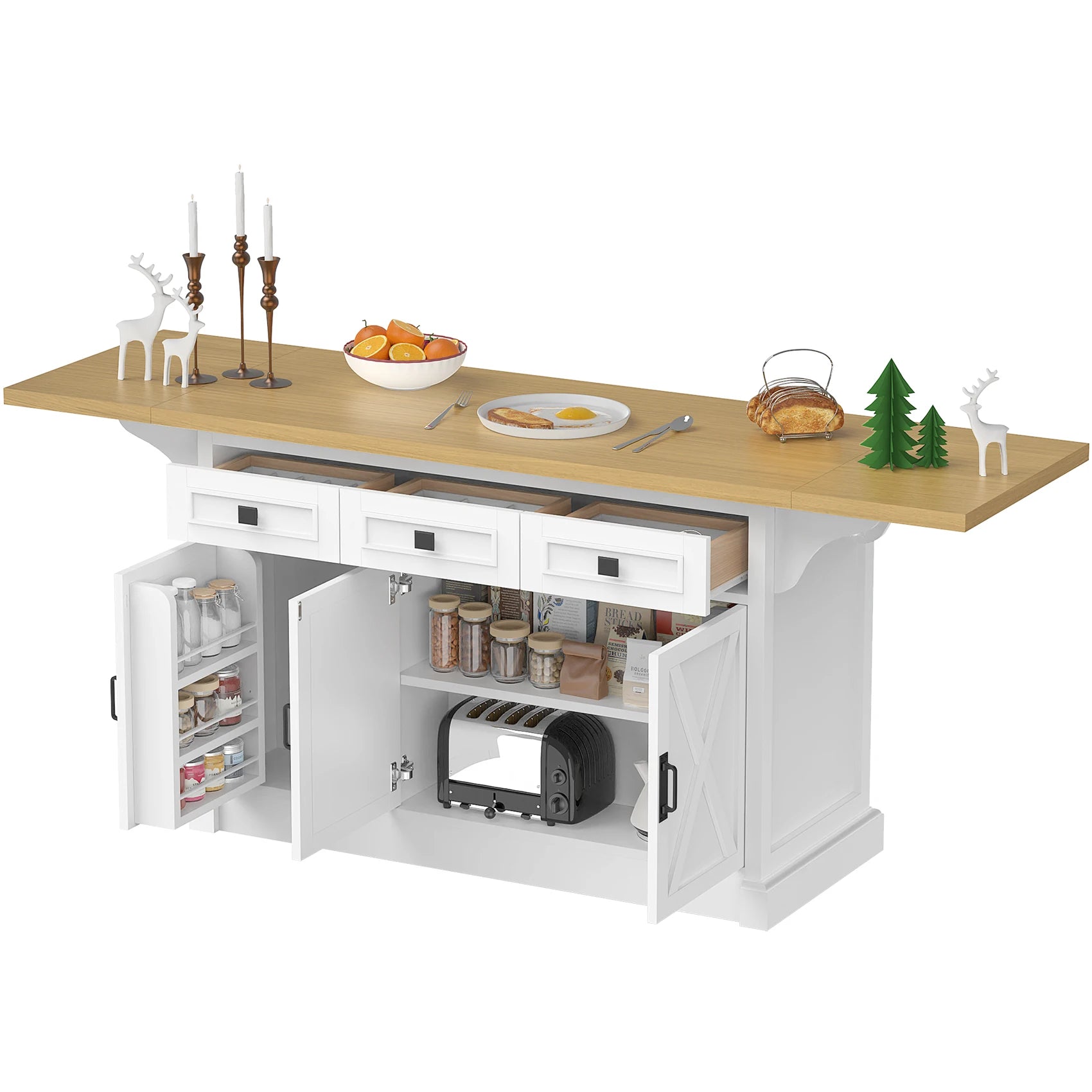 73" Kitchen Island Cart – Storage, Power Outlet & Drop Leaf