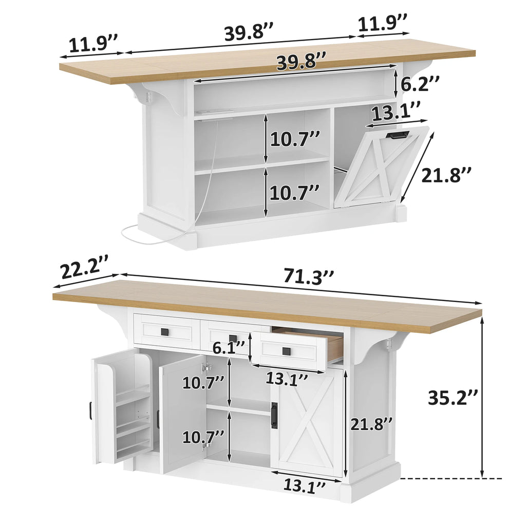 73" Kitchen Island Cart – Storage, Power Outlet & Drop Leaf